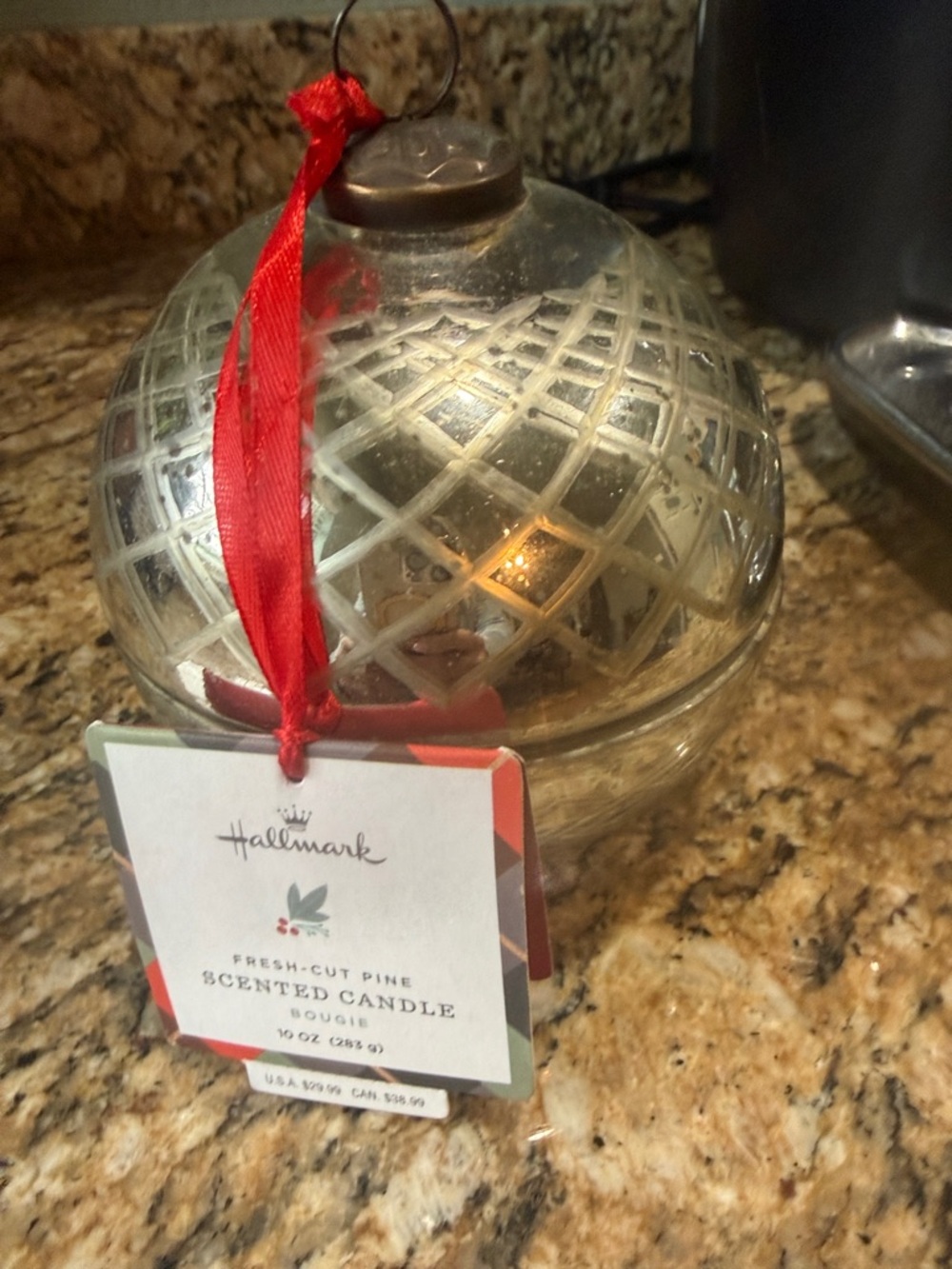 Hallmark Silver Mercury Glass Ornament Candle with Red Ribbon NWT